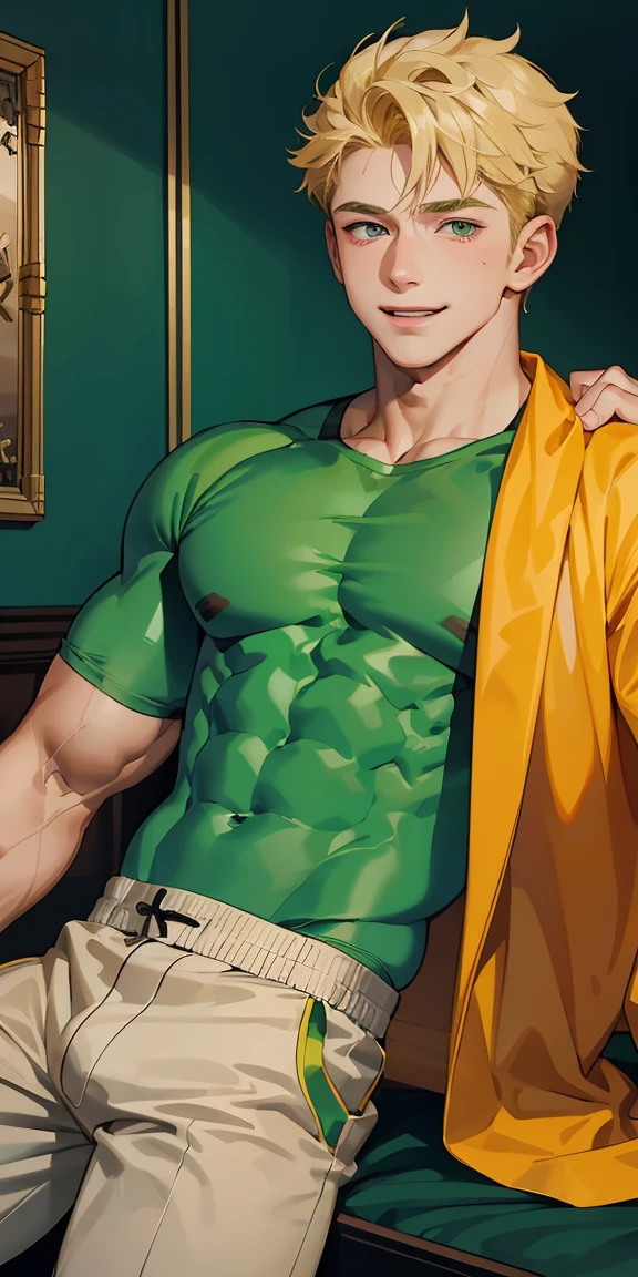 (masterpiece, Best Quality),The whole body of boy,  boy, Muscular, bodybuilder, green shirt blond freckled smile 