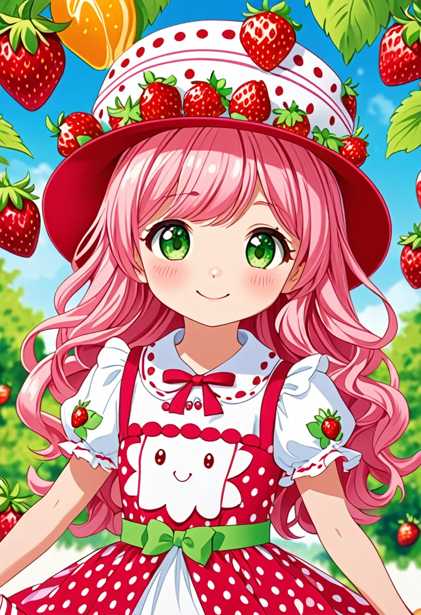 "Create a detailed close-up artwork of a girl styled like Strawberry Shortcake. She should have bright, playful hair styled in loose curls, with a signature fruit-themed hat or hair accessory. Her dress should be colorful and charming, featuring a pattern of strawberries or other fruit motifs, with ruffled details and a full skirt. Her expression should be cheerful and sweet, capturing a sense of fun and whimsy. The background can be softly blurred or include hints of a vibrant, fruit-themed setting, complementing her delightful appearance."