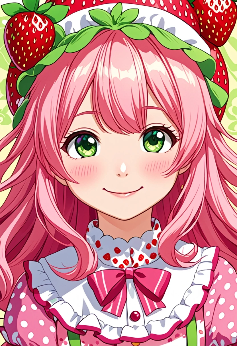 "Create a detailed close-up artwork of a girl styled like Strawberry Shortcake. She should have bright, playful hair styled in loose curls, with a signature fruit-themed hat or hair accessory. Her dress should be colorful and charming, featuring a pattern of strawberries or other fruit motifs, with ruffled details and a full skirt. Her expression should be cheerful and sweet, capturing a sense of fun and whimsy. The background can be softly blurred or include hints of a vibrant, fruit-themed setting, complementing her delightful appearance."