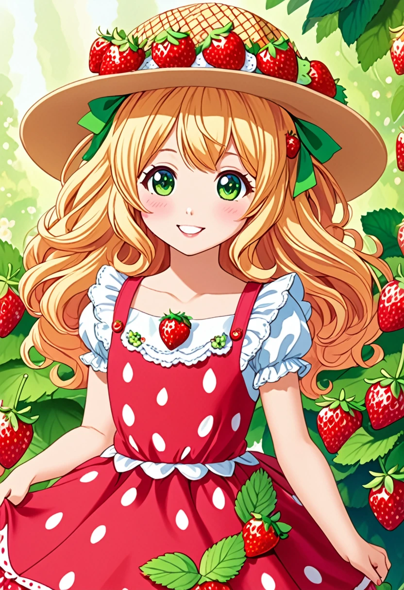 "Create a detailed close-up artwork of a girl styled like Strawberry Shortcake. She should have bright, playful hair styled in loose curls, with a signature fruit-themed hat or hair accessory. Her dress should be colorful and charming, featuring a pattern of strawberries or other fruit motifs, with ruffled details and a full skirt. Her expression should be cheerful and sweet, capturing a sense of fun and whimsy. The background can be softly blurred or include hints of a vibrant, fruit-themed setting, complementing her delightful appearance."