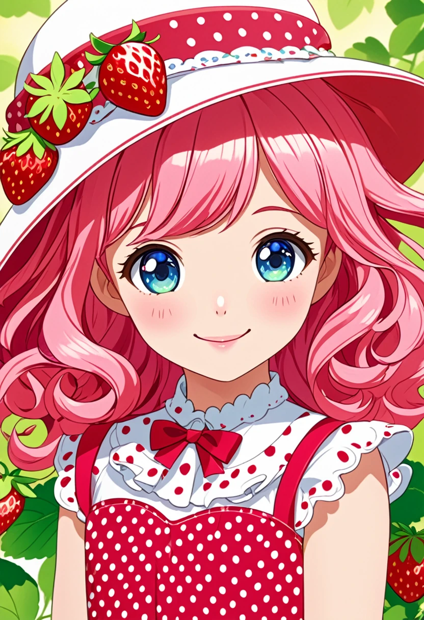 "Create a detailed close-up artwork of a girl styled like Strawberry Shortcake. She should have bright, playful hair styled in loose curls, with a signature fruit-themed hat or hair accessory. Her dress should be colorful and charming, featuring a pattern of strawberries or other fruit motifs, with ruffled details and a full skirt. Her expression should be cheerful and sweet, capturing a sense of fun and whimsy. The background can be softly blurred or include hints of a vibrant, fruit-themed setting, complementing her delightful appearance."