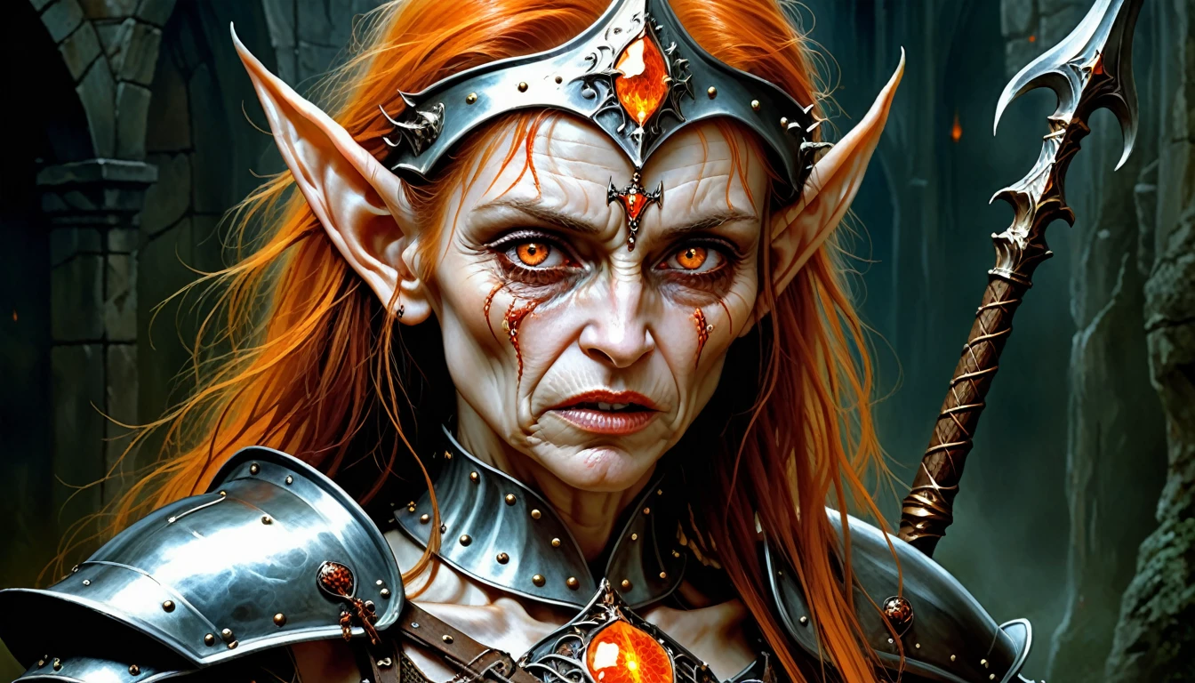 Highly detailed, UHD, 32k, medieval fantasy,heavy metal magazine cover, oil on canvas, luis royo style. An elderly female elf heroin wounded, agonizing face, she is clad in an armor made out of a blackish metal with an orange glint, and she is holding a spear made out of a blackish metal with an orange glint
