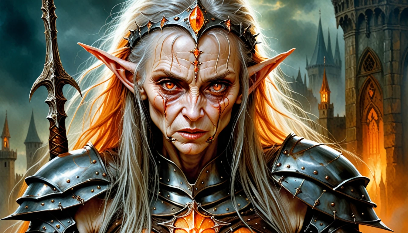 Highly detailed, UHD, 32k, medieval fantasy,heavy metal magazine cover, oil on canvas. An elderly female elf heroin wounded, agonizing face, she is clad in an armor made out of a blackish metal with an orange glint, and she is holding a spear made out of a blackish metal with an orange glint