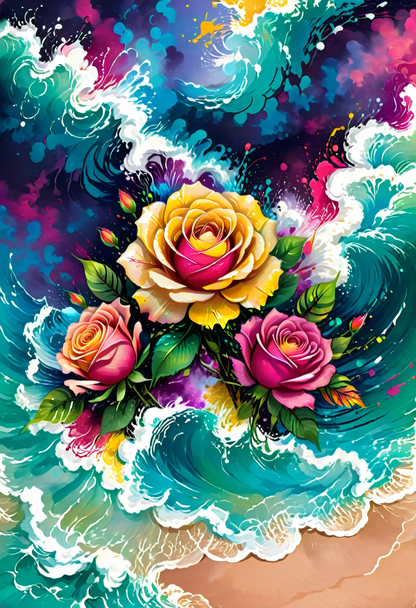vectorial art, Colorful illustration with roses, At the center, swirly vibrant colors, paint splashes and smears, high détail,Hawaii Background
(work of art, best qualityer, proffesional, perfect composition, very aesthetic, absurdrez, super verbose, details Intricate:1.3)