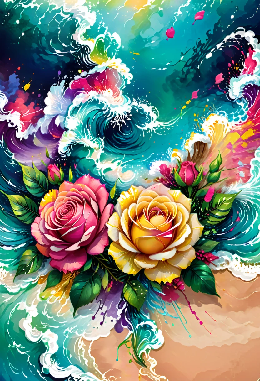 vectorial art, Colorful illustration with roses, At the center, swirly vibrant colors, paint splashes and smears, high détail,Hawaii Background
(work of art, best qualityer, proffesional, perfect composition, very aesthetic, absurdrez, super verbose, details Intricate:1.3)