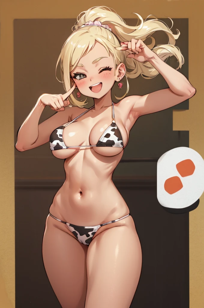 ojaskmmkcs, winking, one eye closed, standing, smile, simple background, adult, huge breasts, cowprint bikini:1.2, nude:1.8, blush, energetic pose