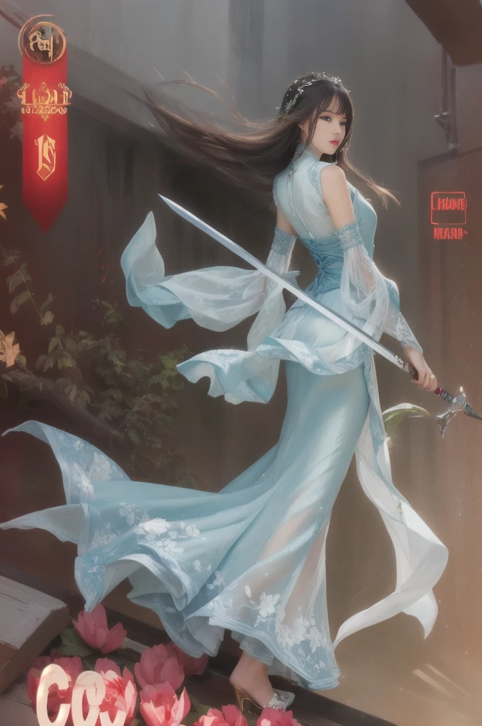 a close up of a woman in a long dress holding a sword, thin silk dress, sexy