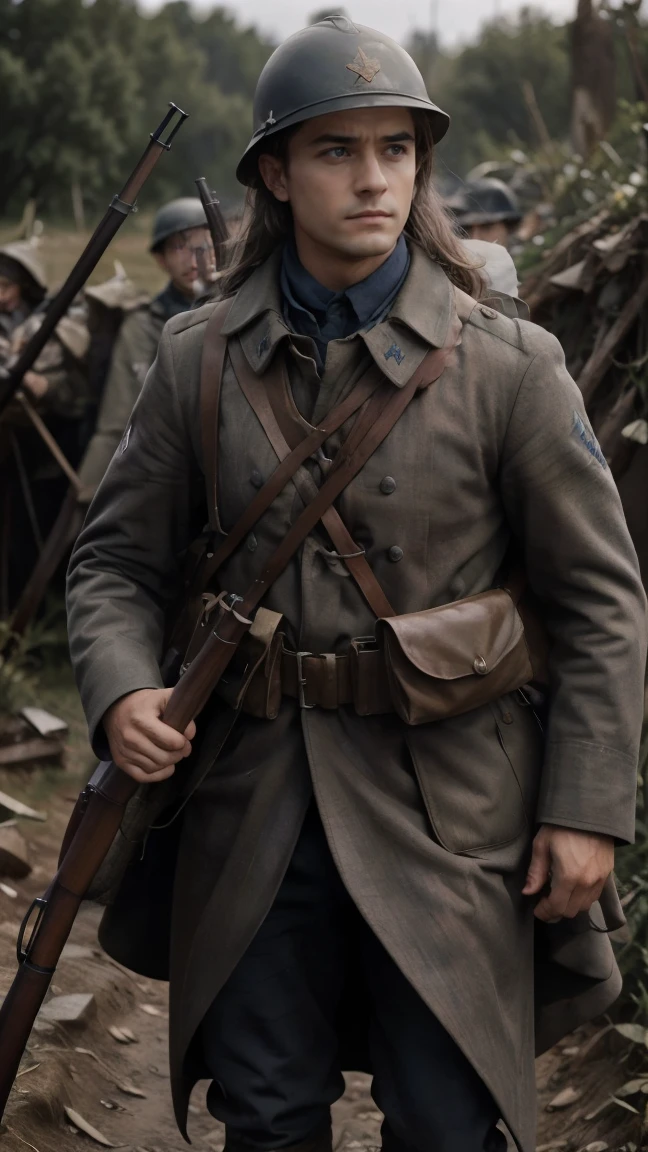 (masterpiece), best quality, expressive eyes, perfect face, All quiet on western Front, man, trenches, dirty, uniform, realistic, HD, Rifle, Orlando Bloom, big bag, French army, regiment, France, defending position, pov, Far view, shot, shooting, fighting, aiming gun, rains, battlefield, waiting, nighttime, Ypres, muddy, ruins, high tense