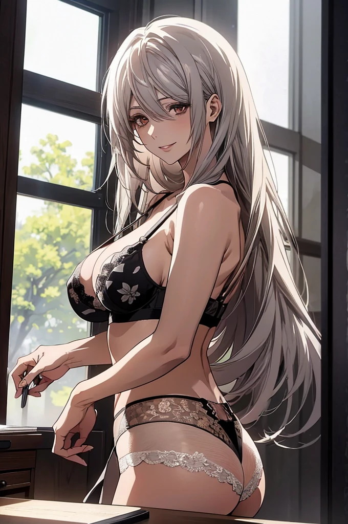 (Highest quality, High resolution, Very detailed), 1 female, Silver Hair, Long Hair, Reddish brown eyes, flower thong bra, Large Breasts, secretary, 24th generation, Beautiful woman, mature, quiet, Calm, A small smile, office,