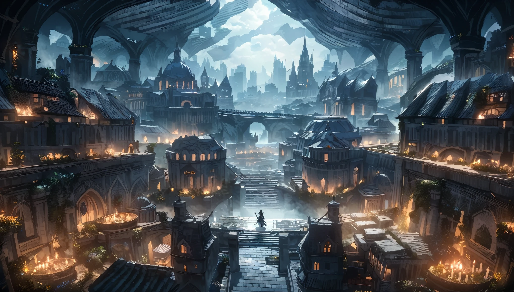 anime aestetics, anime scenery,( unerground city:2), medieval city, shining celling,( blue and grey colours: 2), mystic city, gothic architecture, multy leveled city, elden ring, dark fantasy, dnd, beautiful scenery, nokron, dim light, white candles, wide shot, from above, atmospheric perspective, perspective, highres, best quality, 8k, super detail, masterpiece