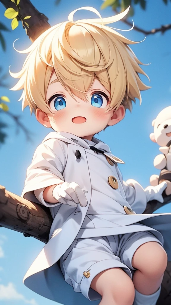 Beautiful cute  boy with yellow hair, blue eyes, he is wearing a white coat and white shorts He's on top of a tree  He's wearing a glove  And it's holding a toy 