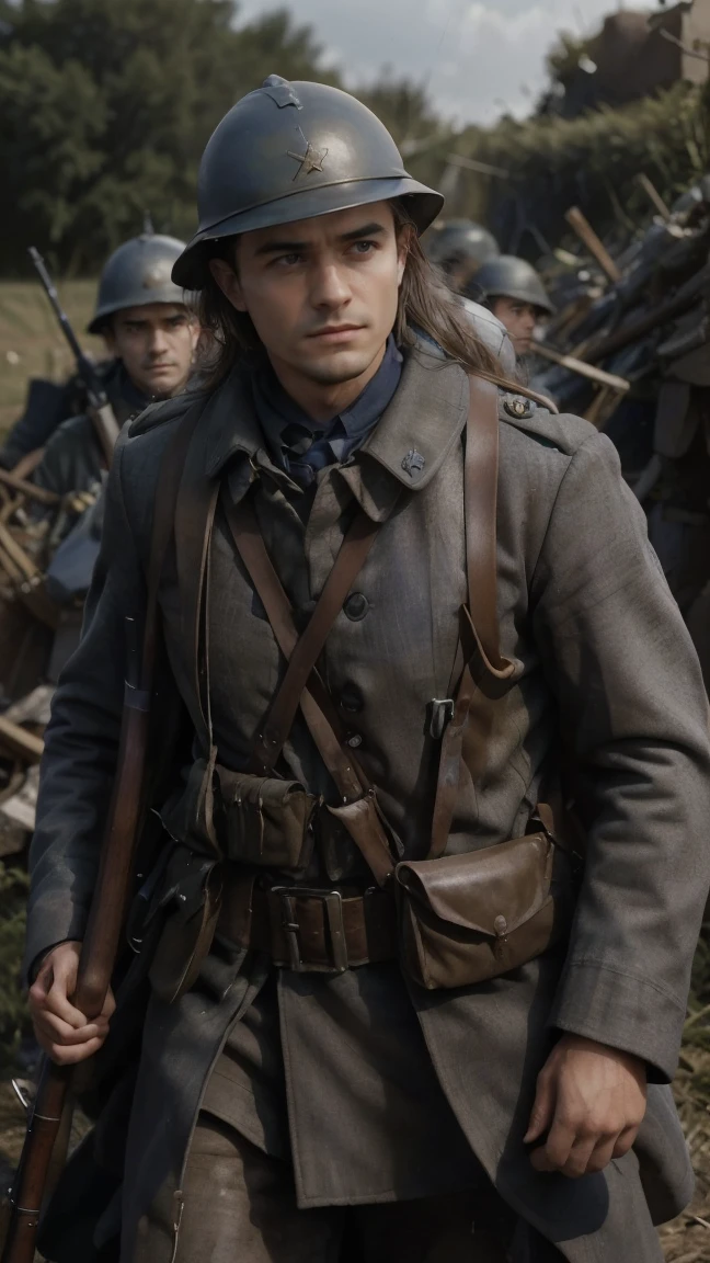 (masterpiece), best quality, expressive eyes, perfect face, All quiet on western Front, man, trenches, dirty, uniform, realistic, HD, Rifle, Orlando Bloom, big bag, French regiment, France, defending position, pov, Far view, shot, shooting, fighting, aiming gun, rains, battlefield, waiting, nighttime, ((artillery bombing) ), ((explosive)), panic