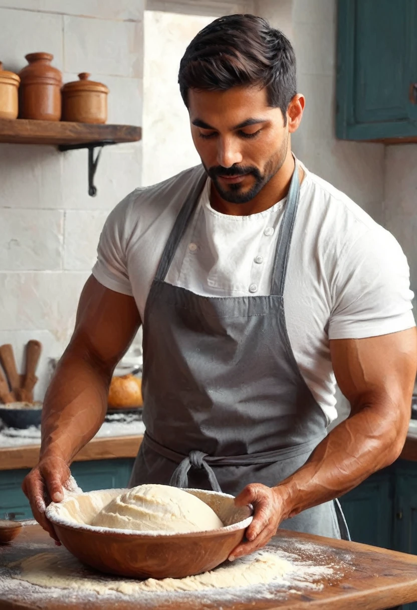 digital paint. sequence of images of something or someone in motion. epic fantasy, medieval. a handsome muscular compassionate (medium dark tanned skin:1.3) 35 year old Mexican (baker:1.6) knead dough in the kitchen. short hair. (short beard:1.5). to you. jewelry. soft lines, perfect composition