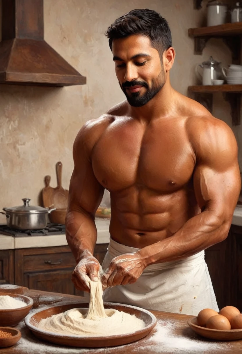 digital paint. sequence of images of something or someone in motion. epic fantasy, medieval. a handsome muscular compassionate (medium dark tanned skin:1.3) 35 year old Mexican (baker:1.6) knead dough in the kitchen. short hair. (short beard:1.5). to you. jewelry. soft lines, perfect composition