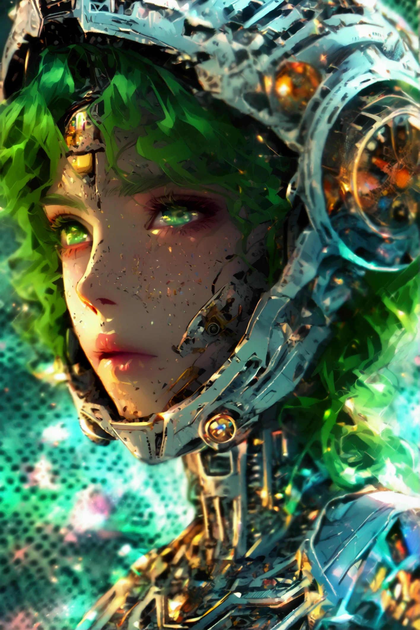 a close up of a cartoon woman with green hair, girl of the zodiac knights, portrait girl of the zodiac knights, portrait anime space cadet girl, girl in space, queen of the galaxy, goddess of the galaxies, cosmic girl, saiyan girl, molly space, on a galaxy-looking background, intergalactic princess, android heroine, cyborg goddess in cosmos