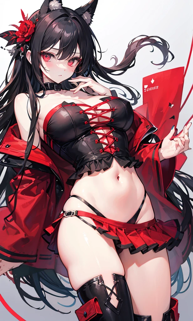 Scarlet eyes,Transparent black strapless top,Crimson skirt,Bad sister,Red decorations
