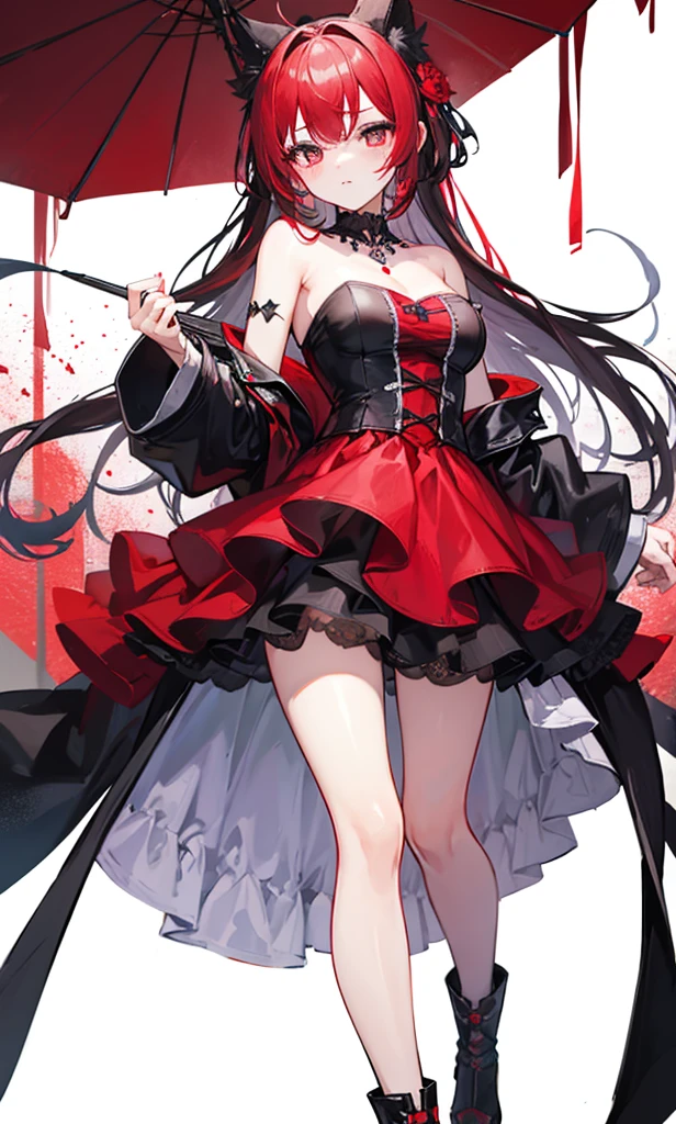 Scarlet eyes，Transparent black strapless top，Crimson skirt，Bad sister，Red decorations