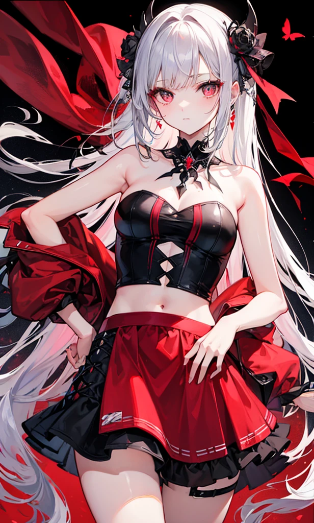 Scarlet eyes，Transparent black strapless top，Crimson skirt，Bad sister，Red decorations