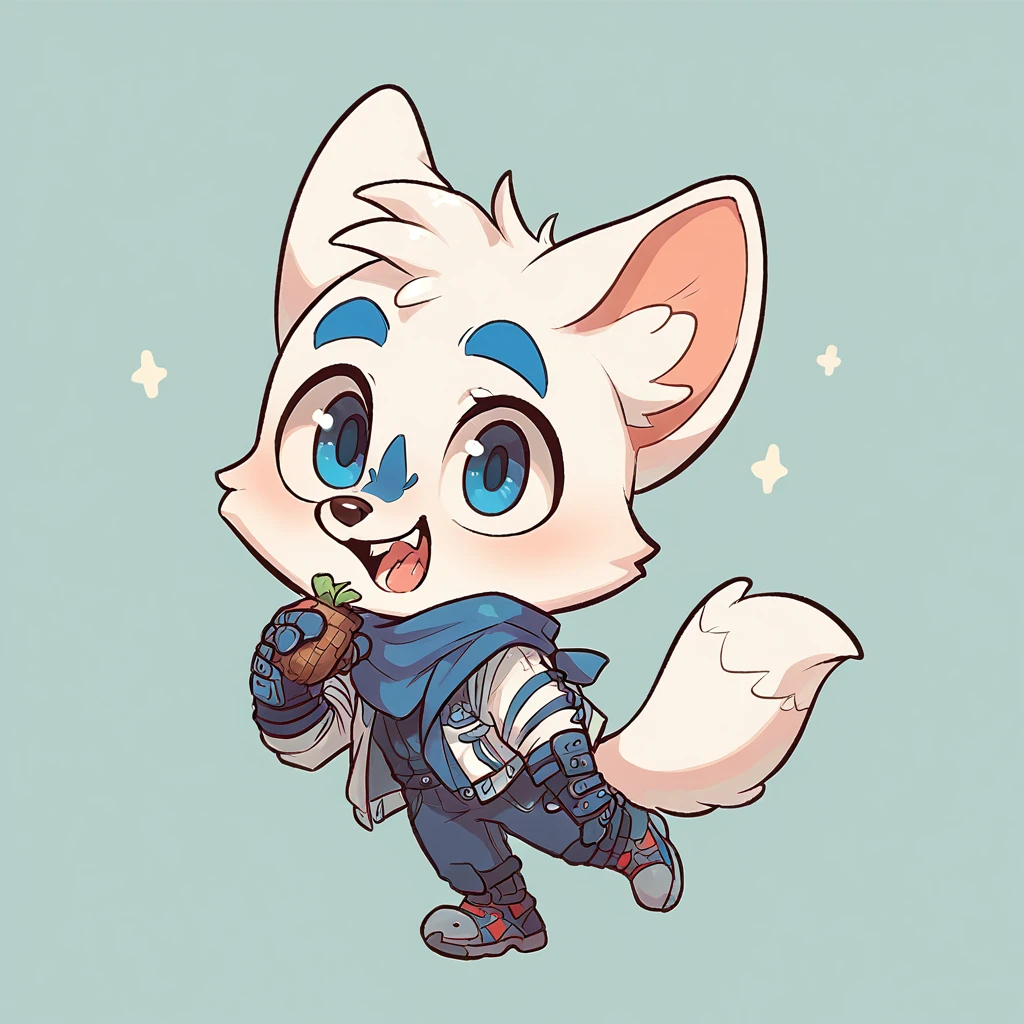 fox, boy, white fur, blue details on face, 9 white tails, chibi, cute, white tails