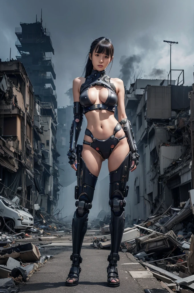 Highest quality,Very sophisticated beautiful Japanese cyborg girl, She spreads her legs and shows her vagina in front of the destroyed, dark and foggy city of Kyoto、Mechanical chest、 Bionic body with futuristic details. (A highly sophisticated cyborg with his arms folded in front of a destroyed city, Bionic body with futuristic details.)