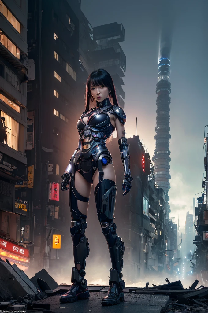 Highest quality,Very sophisticated beautiful Japanese cyborg girl, She spreads her legs and shows her vagina in front of the destroyed, dark and foggy city of Kyoto、Mechanical chest、 Bionic body with futuristic details. (A highly sophisticated cyborg with his arms folded in front of a destroyed city, Bionic body with futuristic details.)