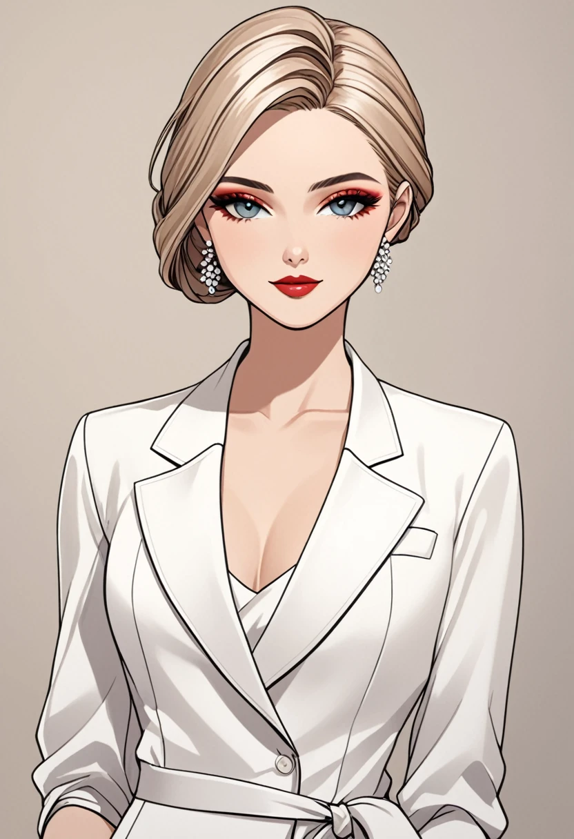 "Create a detailed close-up artwork of a woman modeling stylish, contemporary clothing. She should be dressed in an elegant, fashionable outfit with sophisticated details, such as a tailored blazer, a sleek dress, or a high-fashion blouse. Her hair should be styled in a modern, polished look, and her makeup should be refined and tasteful. Her expression should convey confidence and grace. The background should be minimalistic or softly blurred to highlight her and her chic attire."