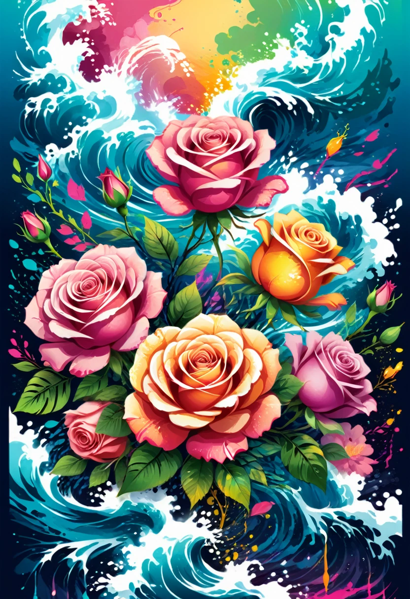 vectorial art, Colorful illustration with roses, At the center, swirly vibrant colors, paint splashes and smears, high détail,Hawaii Background
(work of art, best qualityer, proffesional, perfect composition, very aesthetic, absurdrez, super verbose, details Intricate:1.3)