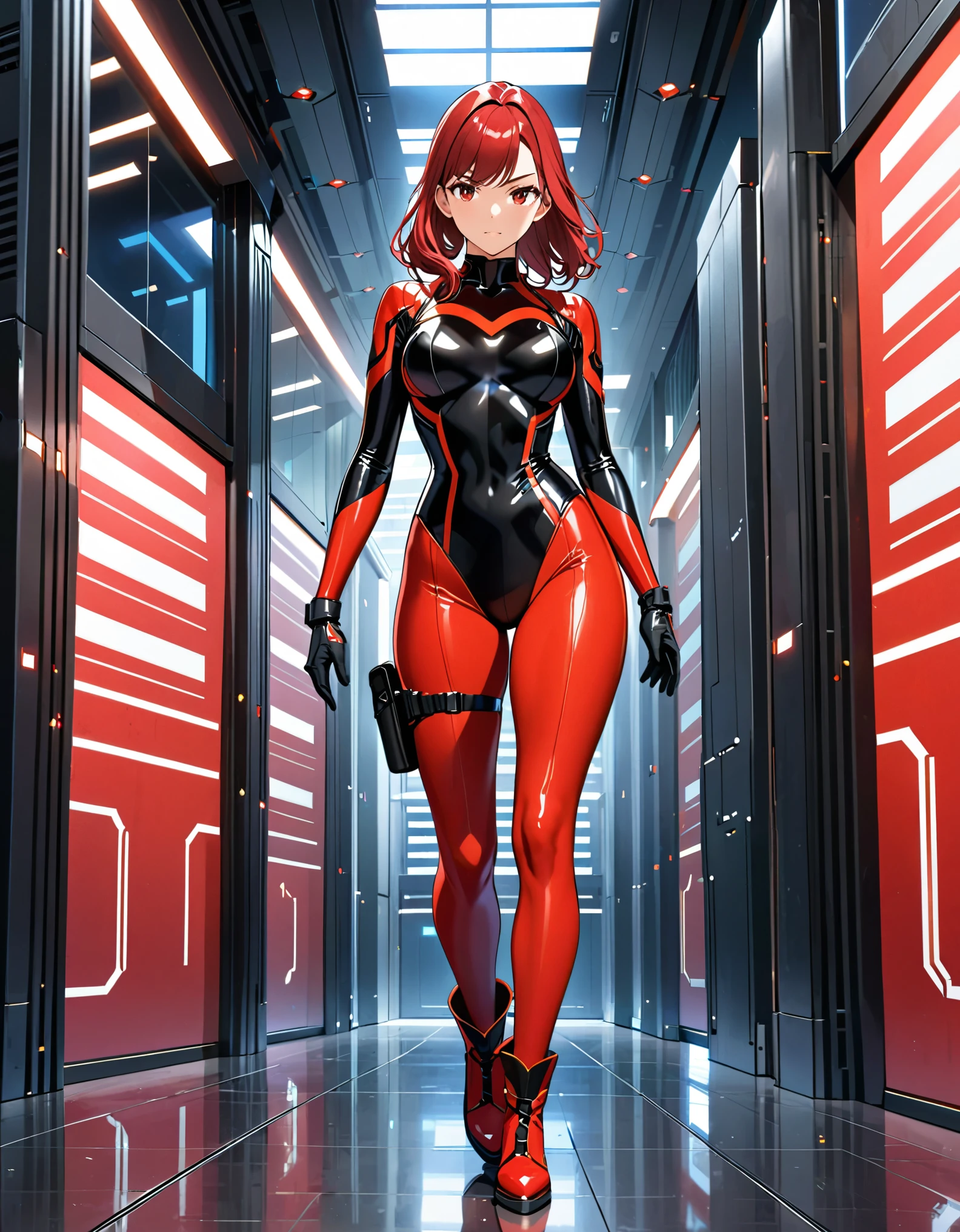 masterpiece, highly detailed, best quality, high quality, 1girl, (solo, solo focus), beautiful detailed eyes, beautiful detailed face, (perfect hands, complete fingers), perfect anatomy, perfect proportions, detailed shadows, detailed light, (red skintight bodysuit, (black leotard), thigh holster, thigh strap), matching gloves, (full red pantyhose, skintight red leggings, perfect fit), matching boots, full body, serious, full body costume design. hi-tech spy building, indoors.