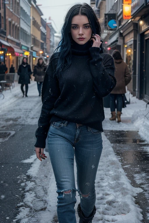 Ultra-realistic 8k CG, masterpiece, best quality, (photorealistic:1.4), absurdres, extremely detailed, real hair, life-like, provocative pose, walking street on a snowy day, brown sweater, blue jeans, black boots, very skinny, goth, messy blue hair, blue eyes, long black nails, tattoo, looking camera, 