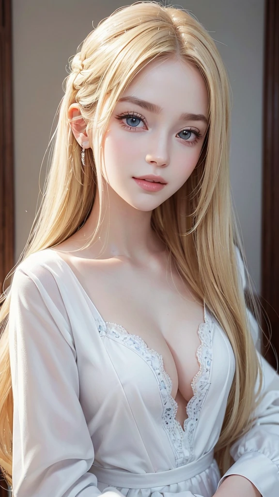 (Hair:Long, blond, and ornamented.
Eyes: Large and expressive with long eyelashes.
Pupils: Sky blue.
Eyebrows: Well-groomed and defined.
Nose: sharp and delicate.
Mouth: slim lips, smiling broadly.
Skin: Smooth and white.
Build: Has a skinny yet plump build.
Face: Youthful, long and oval.
Clothes: Jersey)
(((Realistic, high resolution, carefree, child)))