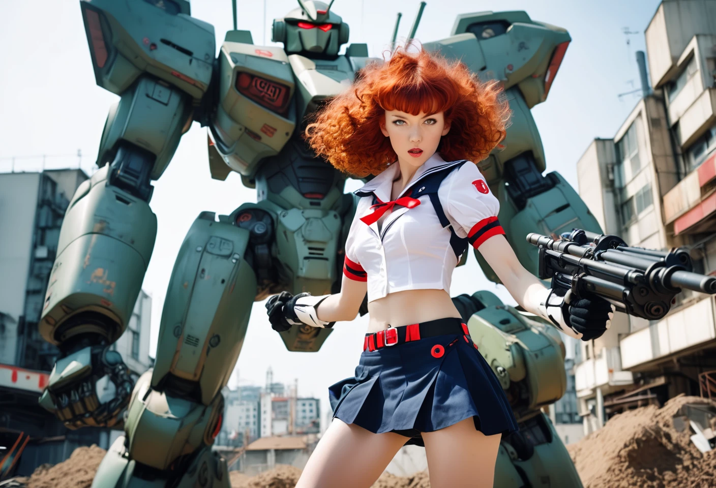 Girl fighting a giant robot. BREAK Photo of a redhead woman with perm wavy hair and bang, wearing sailor fuku, red wristbands. Fighting a Robot. Style by Masamune Shirow. Canon 5d Mark 4, Kodak Ektar, 35mm, raw file