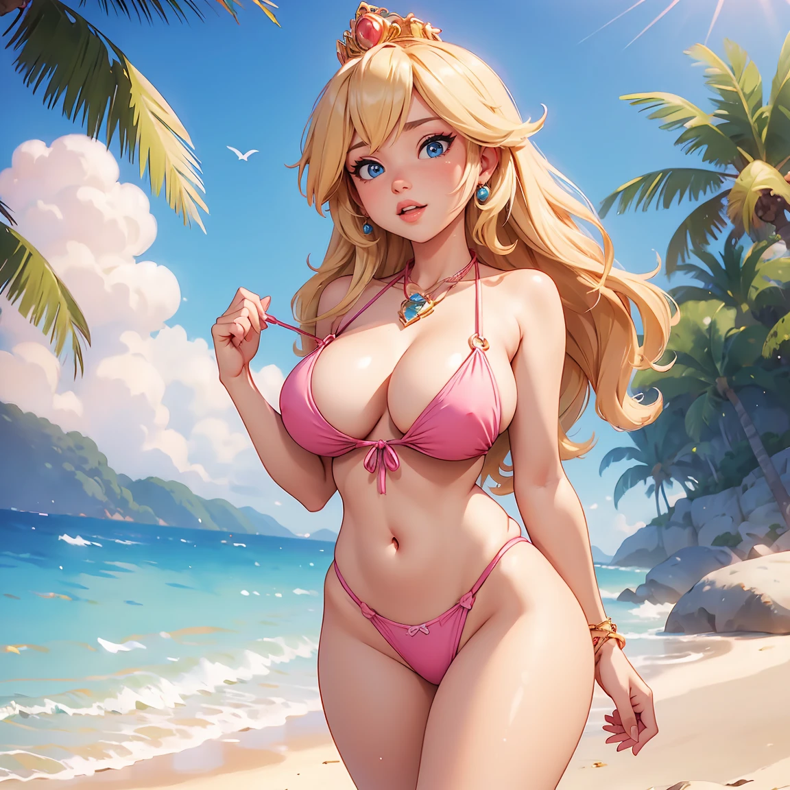 ((Masterpiece)), ((Best Quality)), (detailed), perfect, Alone, peach, beautiful woman with pink bikini, delicious lips, wide, huge chest, deep neckline, huge chests, sexy, sunny beach background. perfect hands.