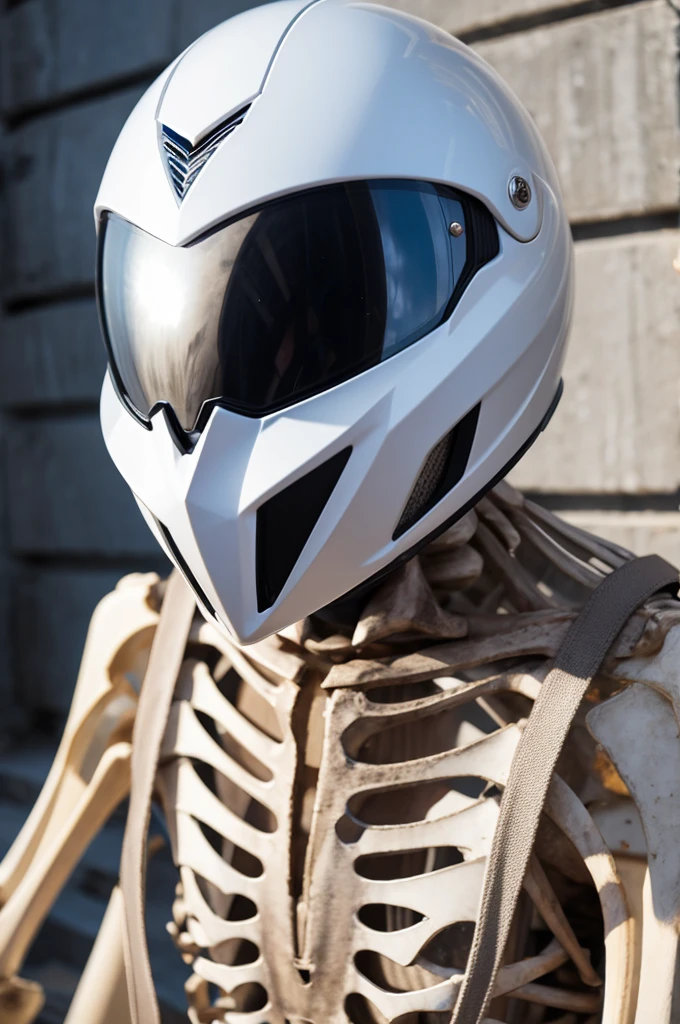 Skeleton wearing a full-face helmet