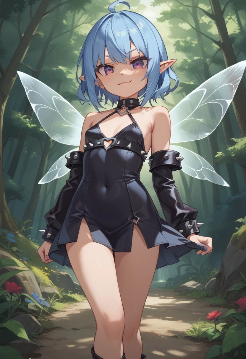 score_9, score_8_up, score_7_up, best quality, masterpiece, 4k, prefect lighting, very aesthetic, source_anime, forest background, (Dynamic Angle), 1girl, fairy, bratty, small breasts, electric blue hair, violet eyes, smug expression, translucent wings, edgy and fashionable attire, bold colors, leather accents, and spiked jewelry.