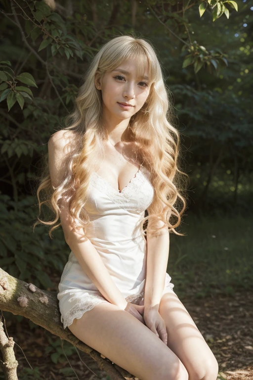 sunny, Elegant photo of a girl wearing a Blazer Dress, (Puffy eyes:1.05), (White lace shirt), Platinum blonde hair, (very long curly hair:1.4), Straight bangs, (Flowing hair), Smile, Happy, happiness, High Detail Skin, Skin pores, Amazing innocent symmetrical face, Long eyelashes, Black eyeliner, Light gold eyeshadow,(Sitting on a branch), emotion, wind, garden, Trees, Grass, masterpiece, best quality, Reality,