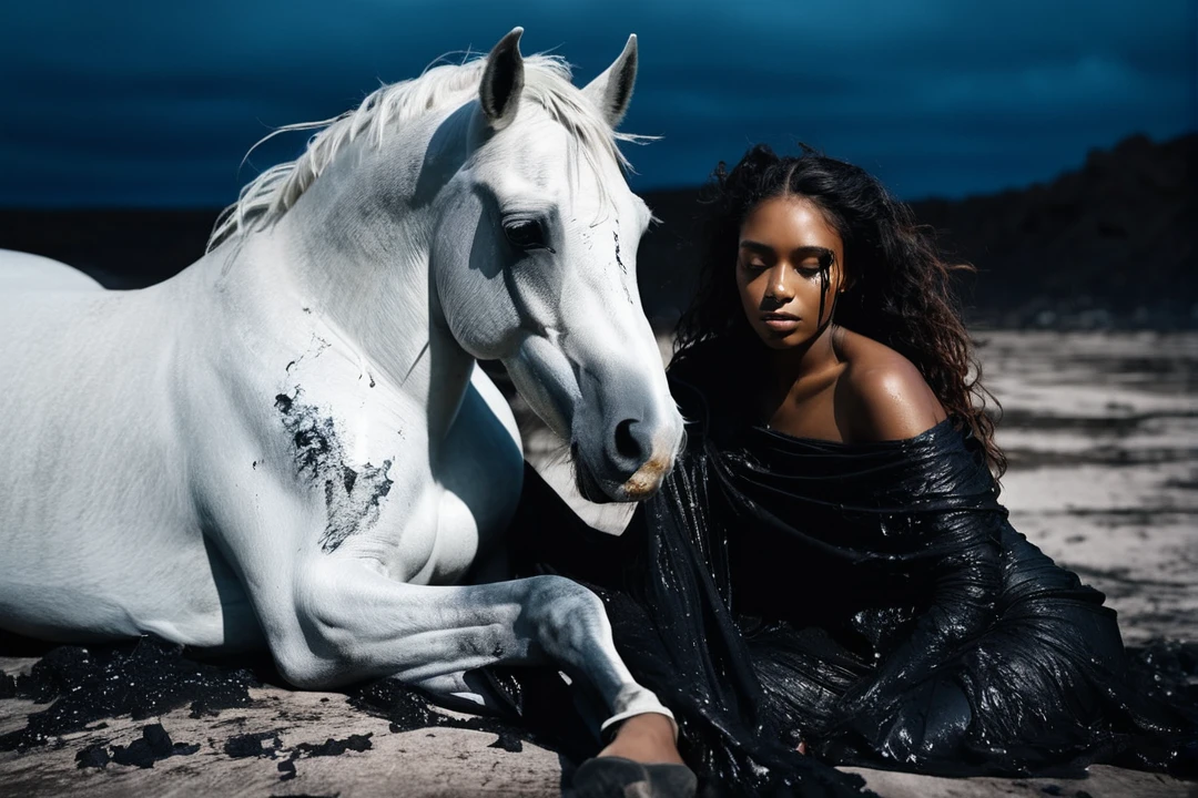 Cinematic still, full-body shot, rule of thirds composition, a slender, 18 year old, mixed race, gorgeous dark skinned female, embracing a beautiful fallen white horse, sorrowful, body covered in black paint, body wrapped in thin translucent burnt gauze veils, set against desolate destroyed wasteland, fires, rubble, twisted metal, polluted water. melancholic, color grading in rich blues and subtle golden hues, realistic textures, shot on Canon EOS 5D Mark IV, Canon EF 50mm f/1.2L USM. lens, subtle accents and highlights, realism pushed to the extreme, high contrast, superb clarity, in the style of Bill Henson