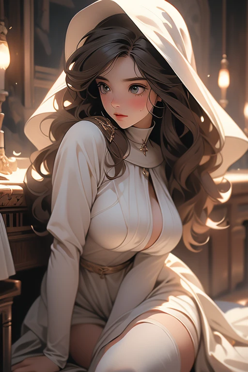 a beautiful brunette witch (Hermione Granger's face), only with her nun's hat, completely naked, big breasts, big ass, not so wide thighs, view from above, sensual line, artistic figure, her expressions suggest explicit sex, legs open and up, without panties, she receives a thick cock, with one hand she sensually touches her breasts, with the other she covers her mouth, she cries with pleasure and shame, explicit sex, very fine details, film production, warm lights