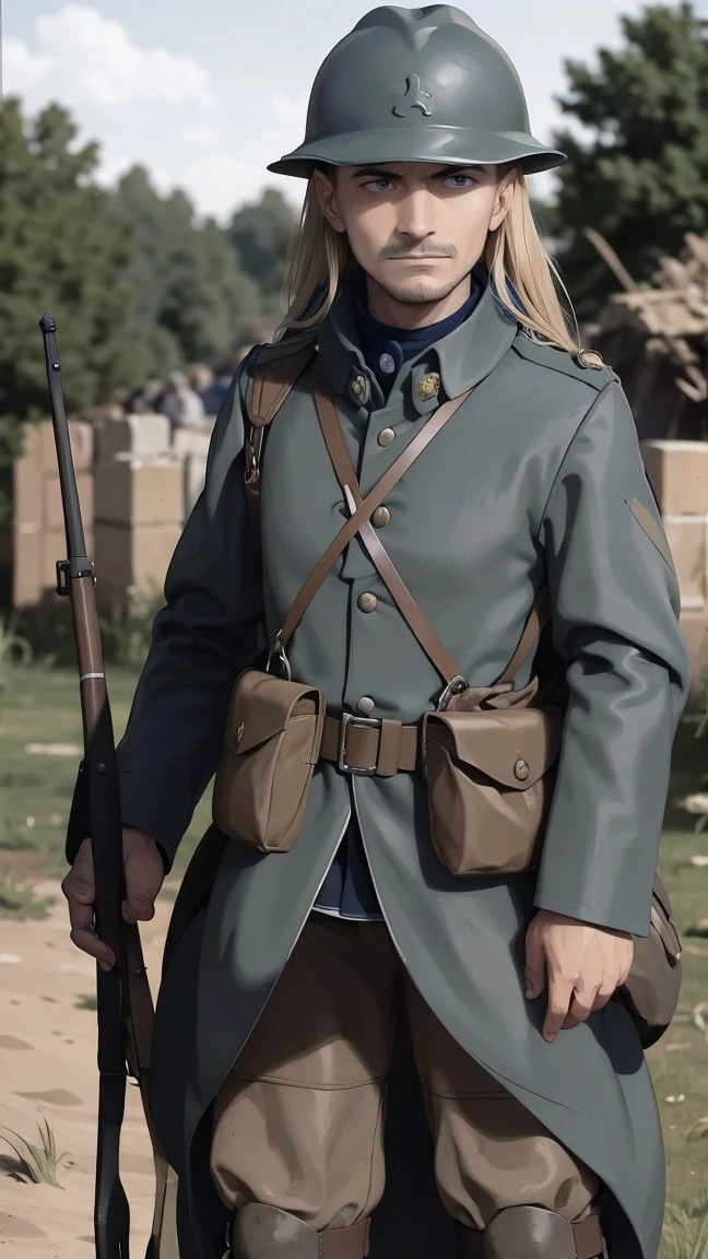 (masterpiece), best quality, expressive eyes, perfect face, All quiet on western Front, man, trenches, dirty, uniform, realistic, HD, Rifle, Orlando Bloom, big bag, French army, regiment, France, defending position, pov, Far view, shot, shooting, fighting