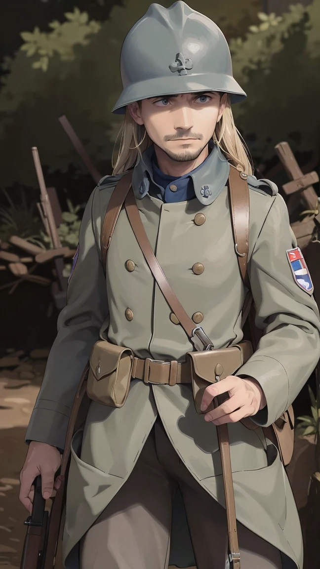 (masterpiece), best quality, expressive eyes, perfect face, All quiet on western Front, man, trenches, dirty, uniform, realistic, HD, Rifle, Orlando Bloom, big bag, French army, regiment, France, defending position, pov, Far view, shot, shooting, fighting