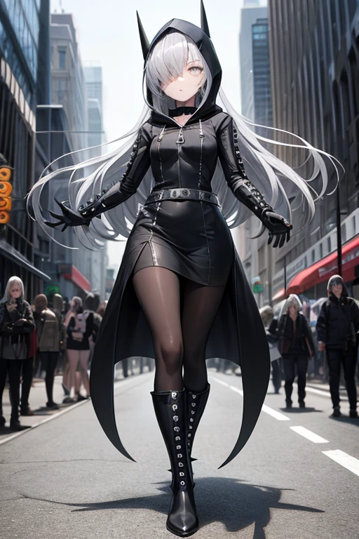 ((best quality)), ((masterpiece)), (detailed), 1 girl, Full body, 18 years old, Depressed face, Silver eyes, Outstretched arms, Covered eyes, Silver hair, Long hair, Spiky hair, Bangs, Strand of hair covering eye, Full body, Very tall, Athletic, Small breasts, Slim, Gray zippered hood, Metal spikes, Gray wristbands, Long black gloves with spikes, Gray gothic dress, Gray dress with metal spikes, Metal emblem, Tight fit, Black belt, Black pantyhose, Black boots, Walking through the city, Giant metal spikes sticking out on the street, City background, Gray clothes, Superhero, Anime
