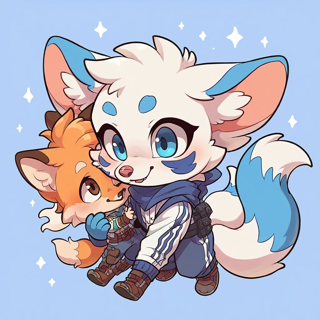 fox, boy, white fur, blue details on face, 9 tails, chibi, cute