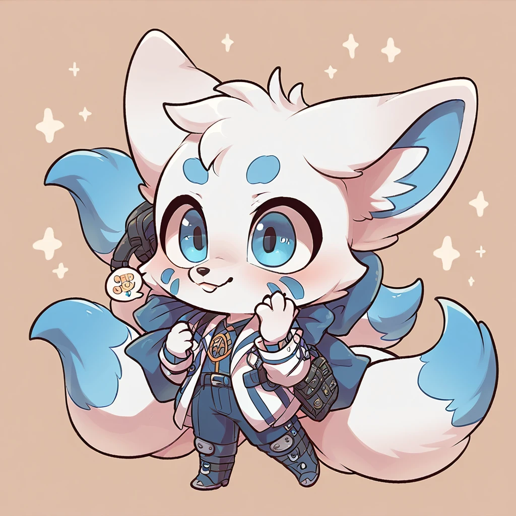  fox, boy, white fur, blue details on face, 9 tails, chibi, cute