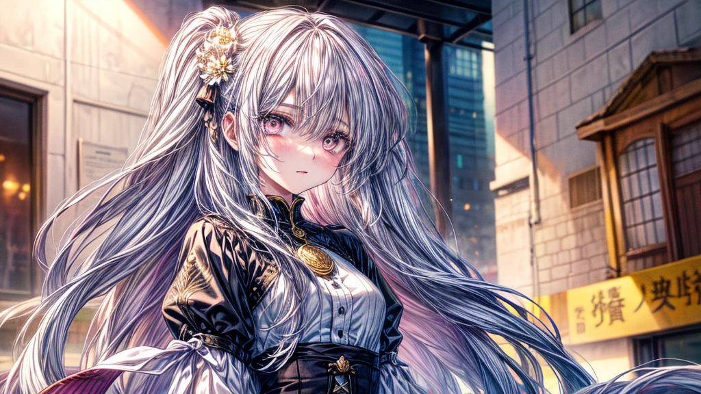 Detailed and stylized anime illustration featuring a young woman with fair skin and long, flowing hair adorned with intricate floral decorations. Her eyes are large and expressive, with delicate eyelashes. She is wearing a simple dress. The background is only gray. The color palette is predominantly pinks and soft yellows, giving the image a serene and ethereal quality. Create the character's head so that it does not get cut off. Create a character standing facing right.