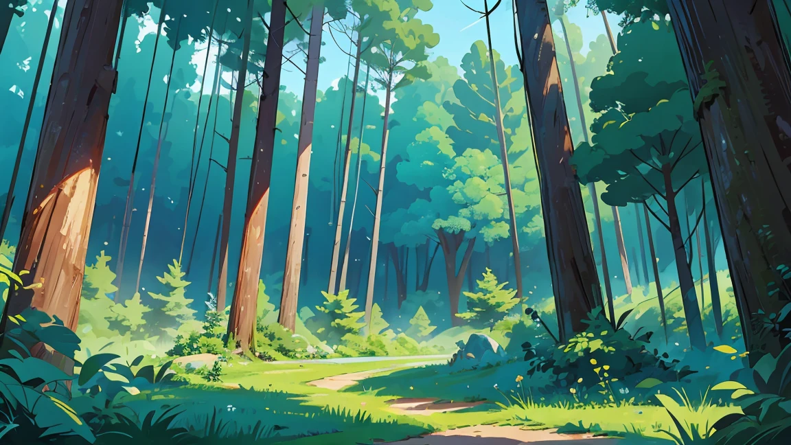 A beautiful forest seen from front, background, mid-height shot, blue sky, not shadows, flat color, masterpiece, cinematic view, best quality, 1990s style