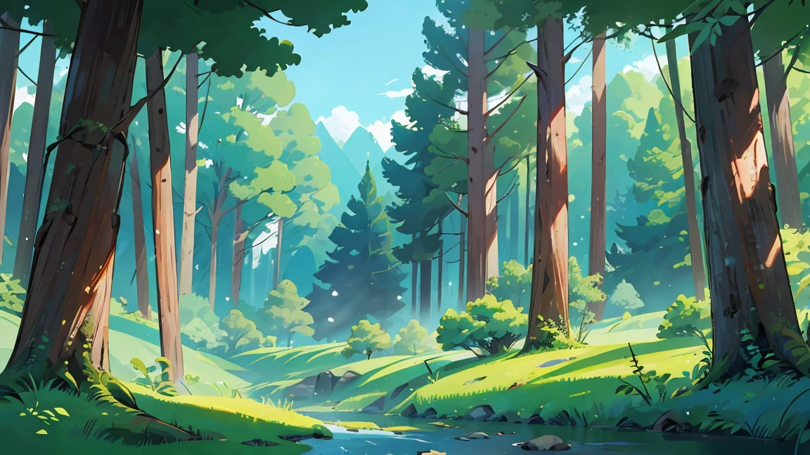A beautiful forest seen from front, background, mid-height shot, blue sky, not shadows, flat color, masterpiece, cinematic view, best quality, 1990s style
