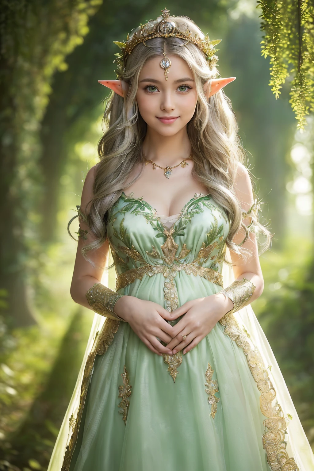 ((Masterpiece、highest quality、、Extremely fine and intricate detail、The most complex and detailed textures、Ultra-high resolution))、(beautiful spring water:1.1)、 dress that glows from within:1.1)、((The most beautiful elven princess、Elf Ears、The Most Sacred Princess Dresses、The background is a complex and sacred forest、Dresses that emit light from the inside、The dress is green and white with gold decorations..、Fairytale Sparkle、Fairytale atmosphere、wonderful、The most intricate and sacred dress、Sacred Elf、Light yellow-green fog、Accurately recreated in every detail the perfect elven princess、The most complex and detailed forest、Glowing Dress、Filled with divine light、Gorgeous tiara and necklace、wonderful、Overgrown trees々々、A forest illuminated by sacred green light、Great cinema lighting))、((The most beautiful face,Half Japanese and half Spanish、Beautiful smile、Beautiful wavy silver hair and blue eyes、The most gorgeous and elaborate dresses、Smiling while looking at the camera、Huge breasts that look like they might burst、waist-cinching dress、Accentuate your body lines)、(pregnancy:1.1)、Big cleavage