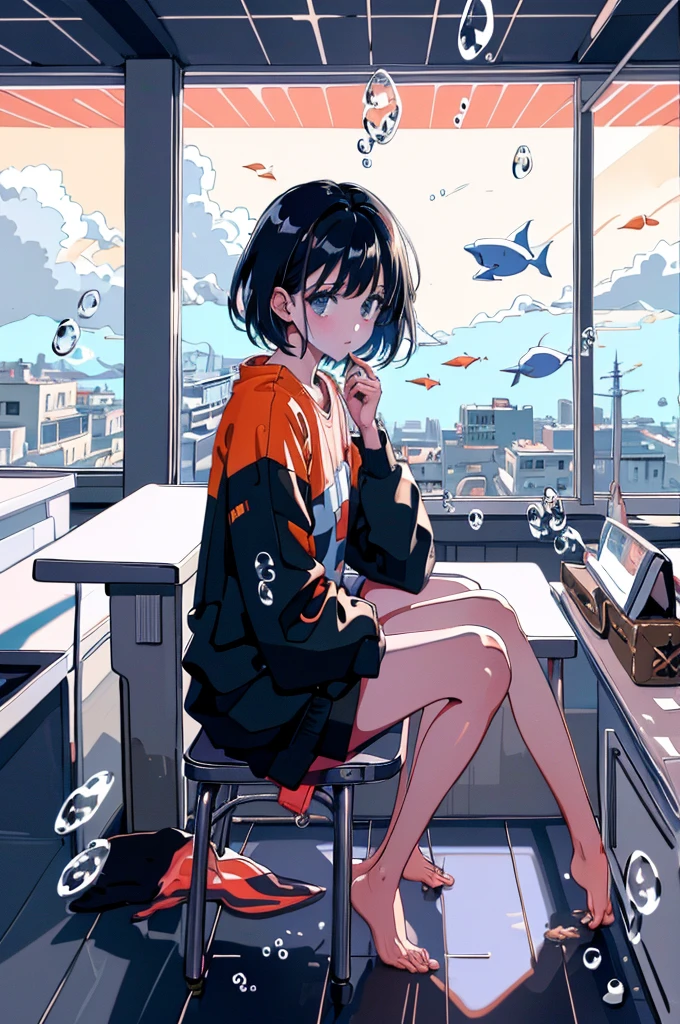 Line art,
One Girl, alone, short hair, Black Hair, Long sleeve, Sitting, barefoot, indoor, Food, barefoot, Telephone, table, Raise your knees, desk work, fish, bubble, Underwater, Air bubbles,
