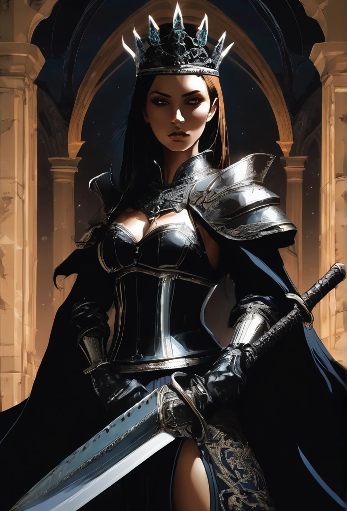 The sexy and dark warrior girl, dark castle, night(art inspired by Bill Sienkiewicz). oil painting)(best quality,4k,8k,highres,masterpiece:1.2),ultra-detailed,(realistic,photorealistic,photo-realistic:1.37),intricate details,vivid colors,sharp focus,professional,Dave McKean artwork, oil touch of surrealism,oil painting style