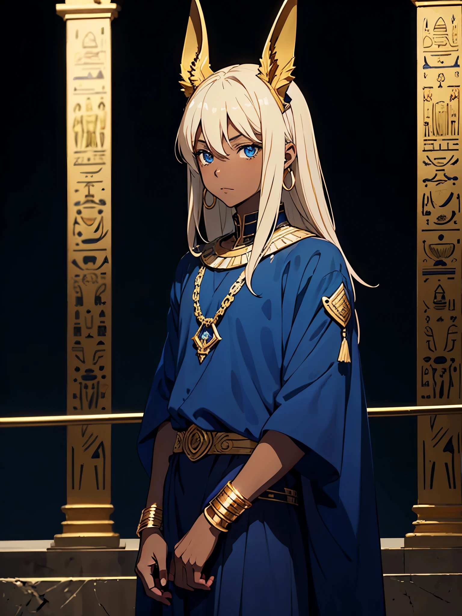 Dunklere Haut. More anime style. cutie pie. アニメ! Teenage boy. Egyptian deity Anubis. Egyptian blue clothing. Blue clothes. long blond hair. Lots of gold jewelry. dark skin. Egyptian. dazzling blue eyes. mystical. divine.