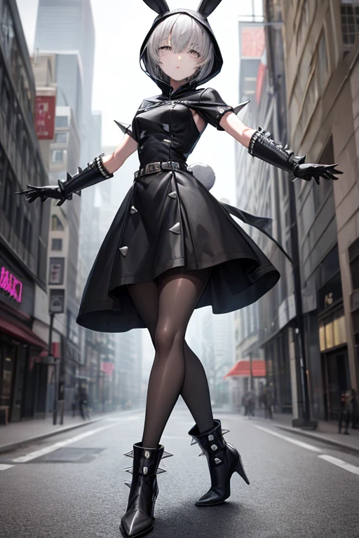 ((best quality)), ((masterpiece)), (detailed), 1 girl, Full body, 18 years old, Depressed face, Silver eyes, Outstretched arms, Covered eyes, Silver hair, Somewhat short hair, Spiky hair, Bangs, Strand of hair covering eye, Full body, Very tall, Athletic, Small breasts, Slim, Gray zippered hood, Metal spikes, Gray wristbands, Long black gloves with spikes, Gray gothic dress, Gray dress with metal spikes, Metal emblem, Tight fit, Black belt, Black pantyhose, Black boots, Walking through the city, Giant metal spikes sticking out on the street, City background, Gray clothes, Superhero, Anime, Hugging a bunny doll in her arms
